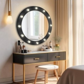 Oglindă cosmetică rotundă cu becuri în cadru MDF - NEW YORK