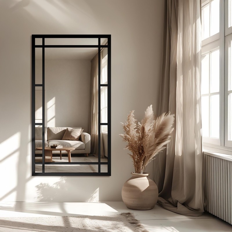 Oglindă tip fereastră în stil loft, cu ramă neagră din MDF - SET
