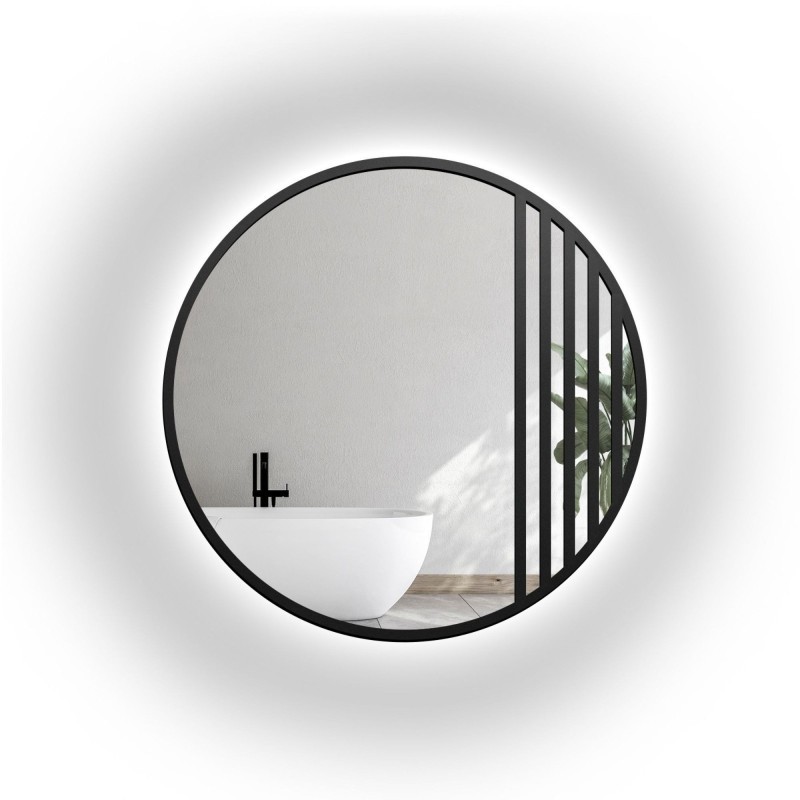 Oglindă rotundă tip fereastră în stil loft, cu ramă din MDF negru mat și iluminare - LOTIS LED - culoarea ramei la alegere