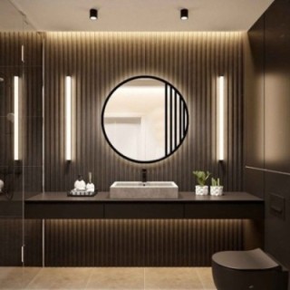 Oglindă rotundă tip fereastră în stil loft, cu ramă din MDF negru mat și iluminare - LOTIS LED - culoarea ramei la alegere