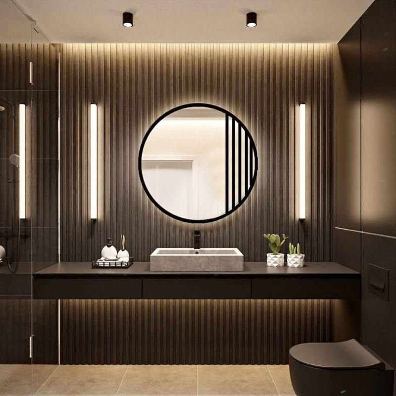 Oglindă rotundă tip fereastră în stil loft, cu ramă din MDF negru mat și iluminare - LOTIS LED - culoarea ramei la alegere