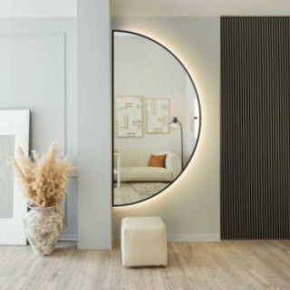Oglindă semicirculară cu ramă neagră din MDF SLIM și iluminare - HILDA LED