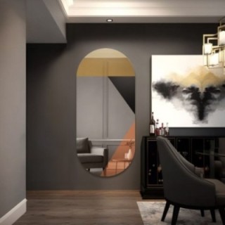 Oglindă ovală cu panou decorativ de culoare auriu-cupru și lacobel negru - RIO