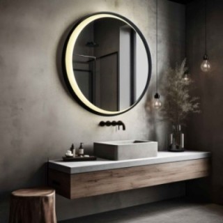 Oglindă rotundă în ramă MDF neagră cu lună sablată LED – MIDNIGHT LED