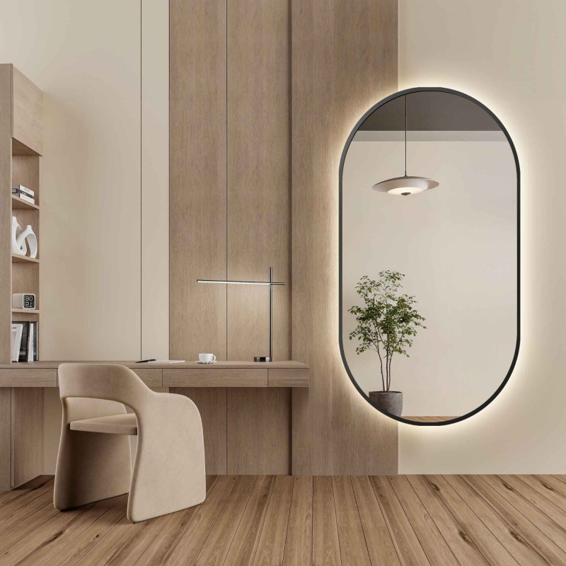 Oglindă ovală cu ramă neagră din MDF SLIM cu iluminare - OLI LED - culoarea ramei la alegere
