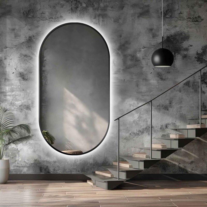 Oglindă ovală cu ramă neagră din MDF SLIM cu iluminare - OLI LED - culoarea ramei la alegere