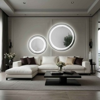 Set de oglinzi rotunde sablate, cu ramă neagră din MDF SLIM și iluminare - STELLA LED II - culoarea ramei la alegere