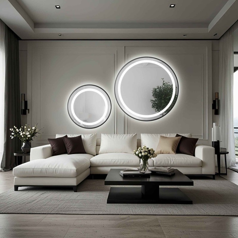 Set de oglinzi rotunde sablate, cu ramă neagră din MDF SLIM și iluminare - STELLA LED II - culoarea ramei la alegere