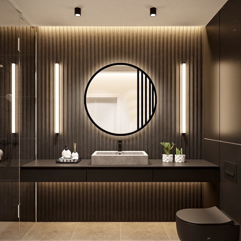 Oglindă rotundă cu rame MDF negru mat cu iluminare - LOTIS LED - culoarea ramei la alegere
