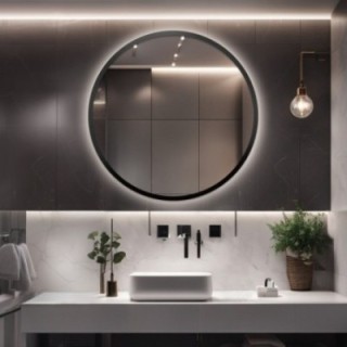 Oglindă rotundă în ramă MDF negru mat cu iluminare - OTTO LED - culoarea ramei la alegere