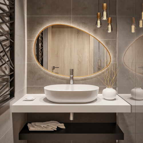 Oglindă organică în ramă aurie din MDF SLIM cu iluminare - ZOE LED - culoarea ramei la alegere