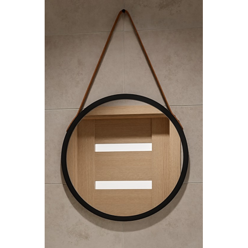 Oglindă rotundă cu ramă neagră mată și curea din piele maro - OTTO BANDĂ BRONZE - culoarea ramei la alegere