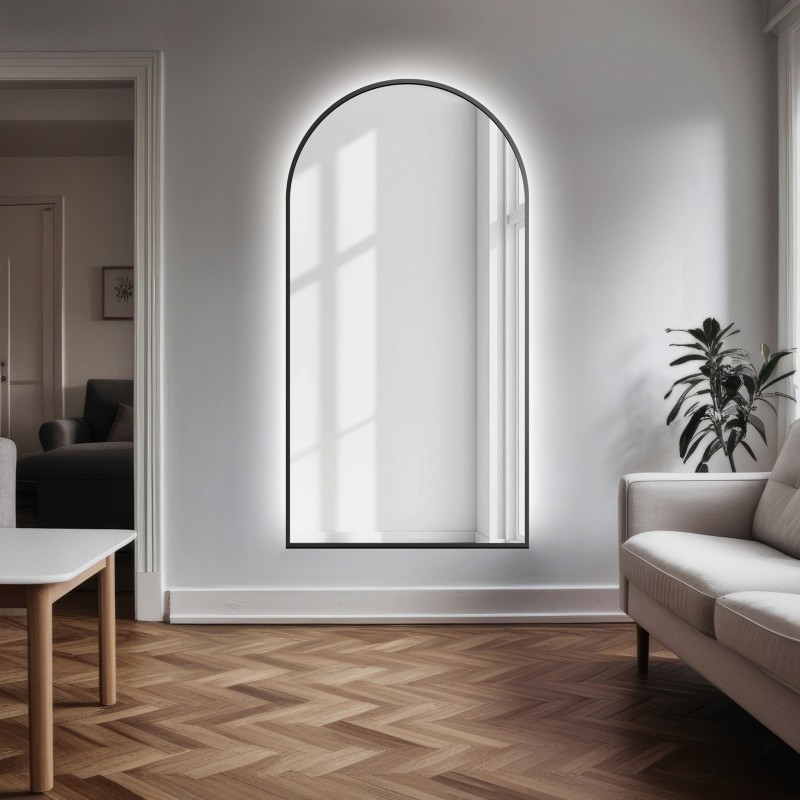 Oglindă semiovală din MDF negru cu ramă SLIM cu iluminare - DOMI LED - culoare la alegere a ramei