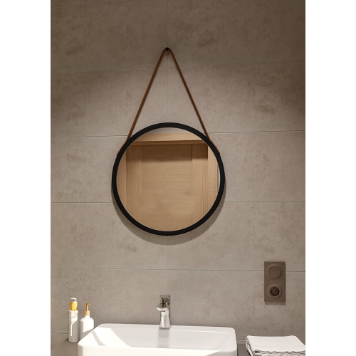 Oglindă rotundă cu ramă neagră mată și curea din piele maro - OTTO BANDĂ BRONZE - culoarea ramei la alegere