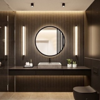 Oglindă rotundă cu rame MDF negru mat cu iluminare - LOTIS LED - culoarea ramei la alegere