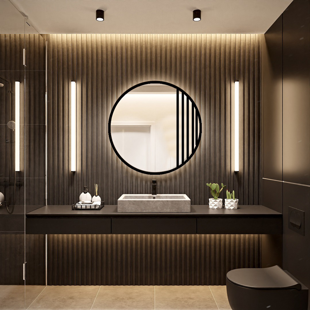 Oglindă rotundă cu rame MDF negru mat cu iluminare - LOTIS LED - culoarea ramei la alegere Oglindă rotundă cu rame MDF negru mat cu iluminare - LOTIS LED - culoarea ramei la alegere