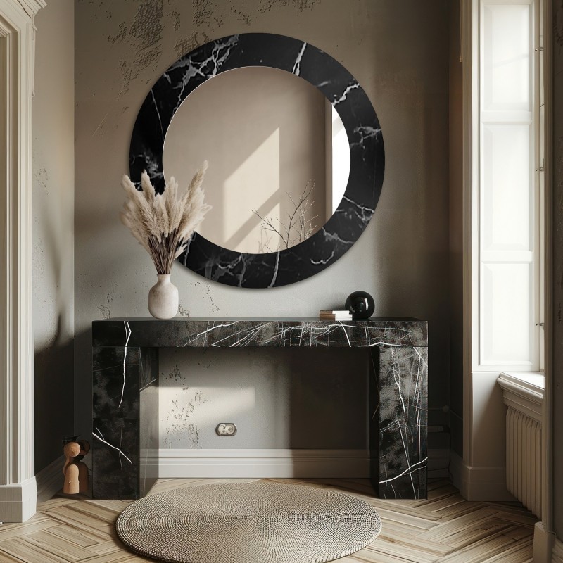 Oglindă rotundă pe marmură negru-argintiu – MARBLE MURASO