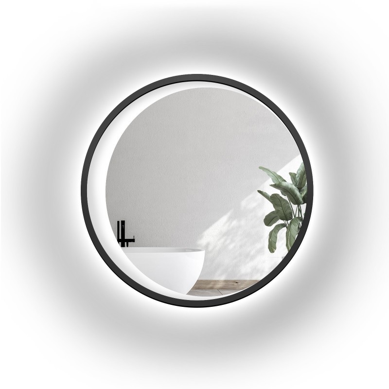 Oglindă rotundă în ramă MDF neagră cu lună sablată LED – MIDNIGHT LED