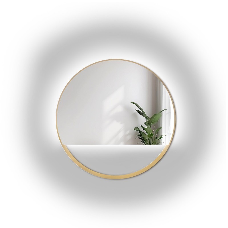 Oglindă rotundă în ramă de MDF auriu SLIM cu spațiu liber - OLENA LED