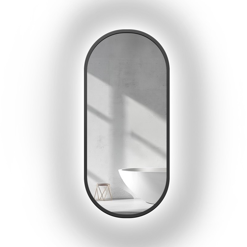 Oglindă ovală cu ramă neagră din MDF cu iluminare - OSKAR LED - culoarea ramei la alegere