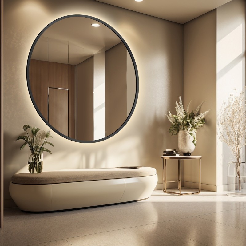 Oglindă rotundă în ramă neagră din MDF SLIM cu iluminare - OTYLIA LED - culoarea ramei la alegere