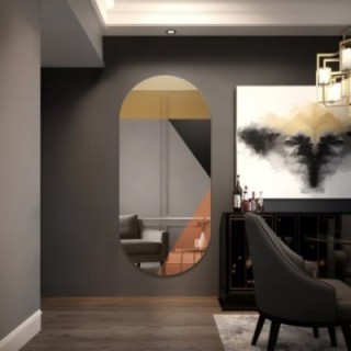 Oglindă ovală cu panou decorativ de culoare auriu-cupru și lacobel negru - RIO