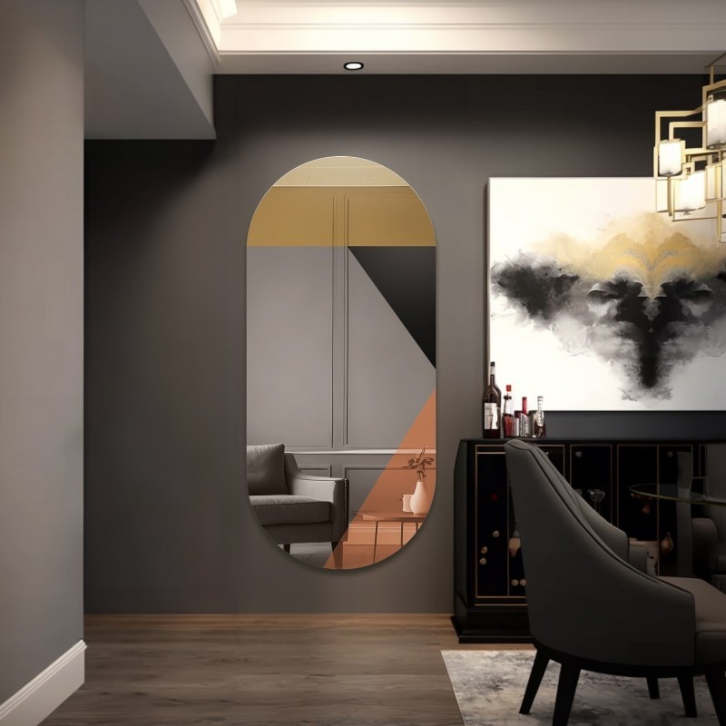 Oglindă ovală cu panou decorativ de culoare auriu-cupru și lacobel negru - RIO