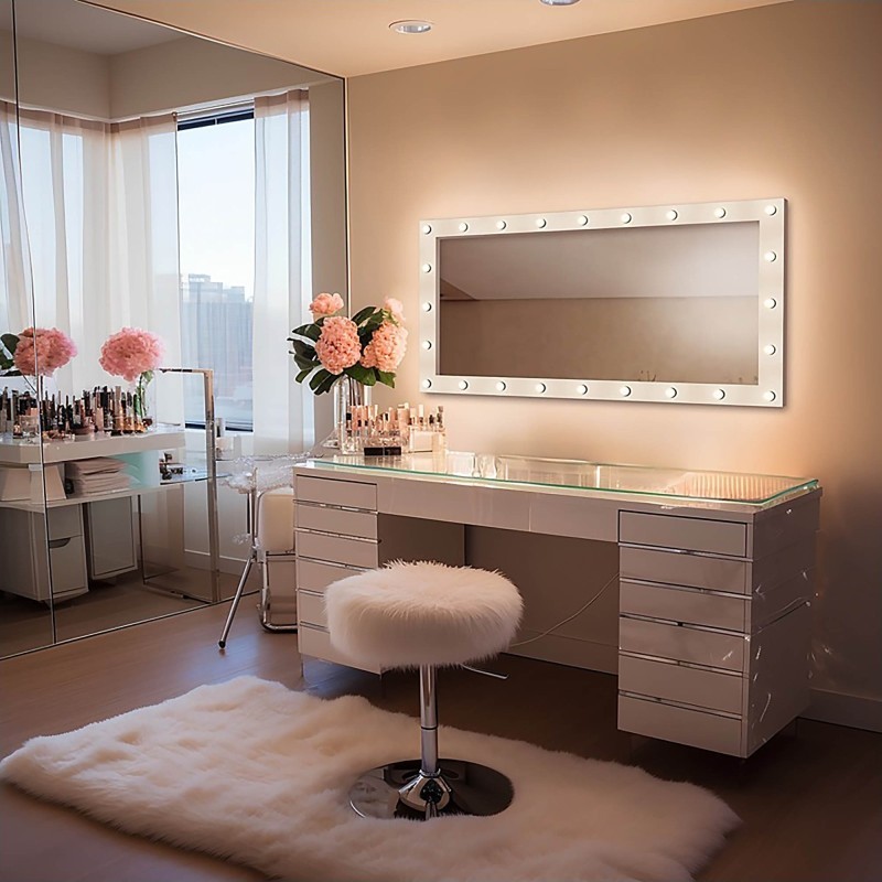 Oglindă cosmetică dreptunghiulară cu becuri în cadru MDF - VEGAS