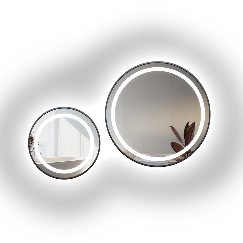 Set de oglinzi rotunde sablate, cu ramă neagră din MDF SLIM, cu iluminare STELLA LED II - culoare la alegere a ramei