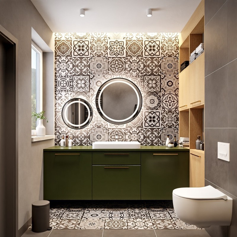 Set de oglinzi rotunde sablate, cu ramă neagră din MDF SLIM, cu iluminare STELLA LED II - culoare la alegere a ramei