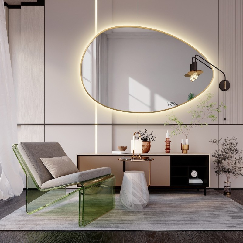 Oglindă organică în ramă aurie din MDF SLIM cu iluminare - ZOE LED - culoarea ramei la alegere