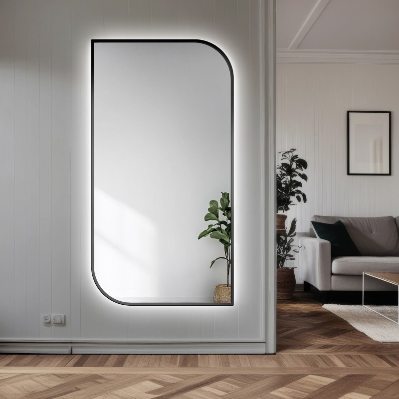 Oglindă din MDF negru cu ramă SLIM cu iluminare - LED TEARDROP - alegerea culorii ramei