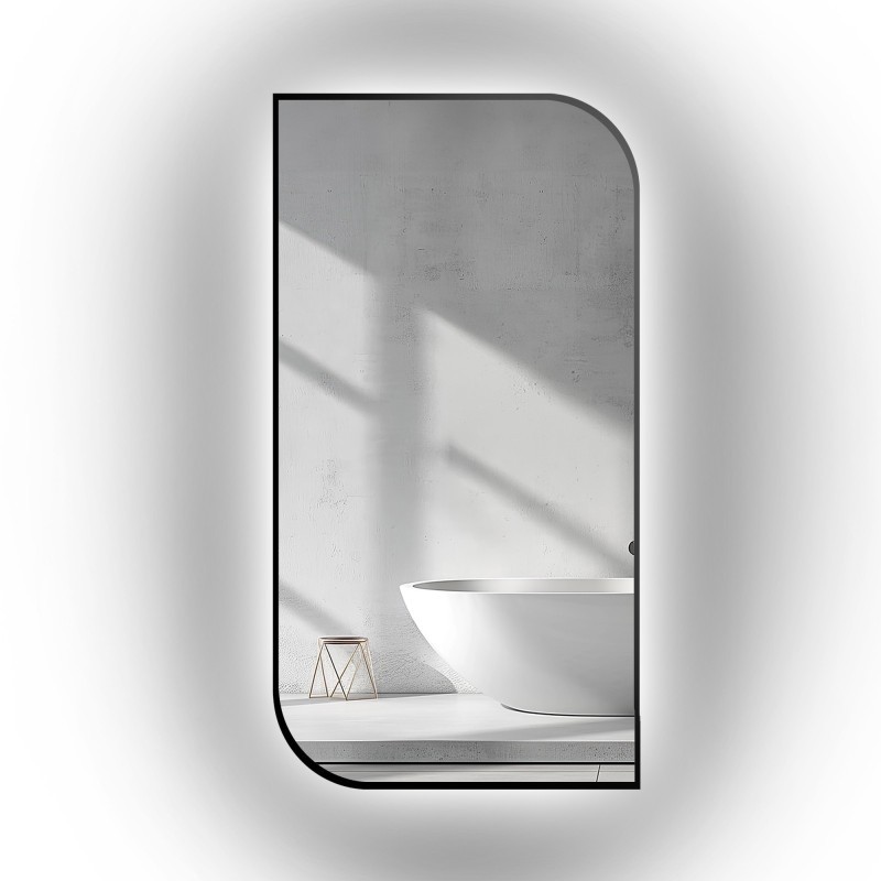 Oglindă din MDF negru cu ramă SLIM cu iluminare - LED TEARDROP - alegerea culorii ramei