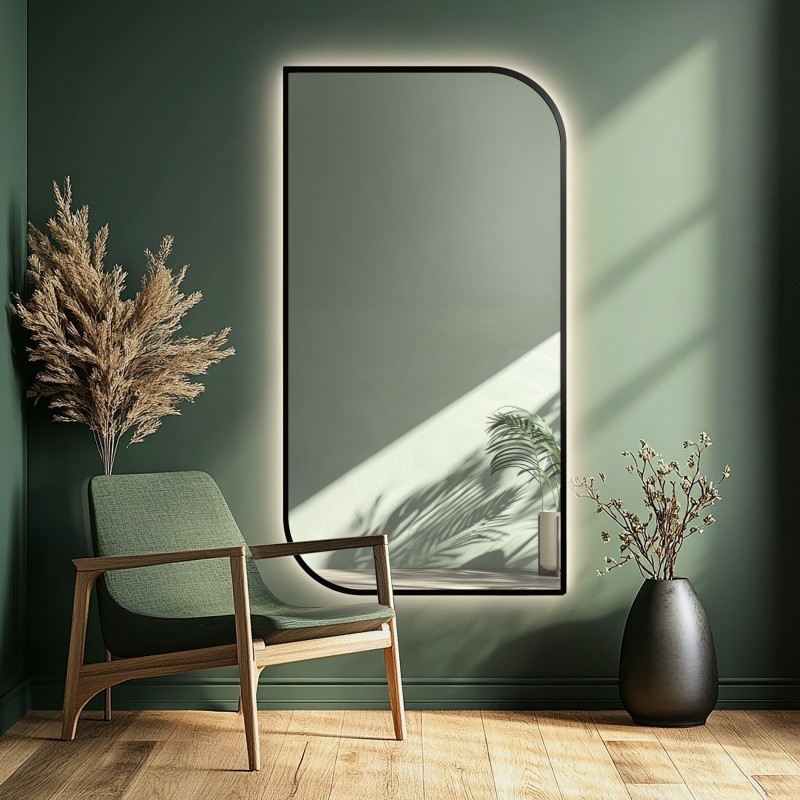 Oglindă din MDF negru cu ramă SLIM cu iluminare - LED TEARDROP - alegerea culorii ramei