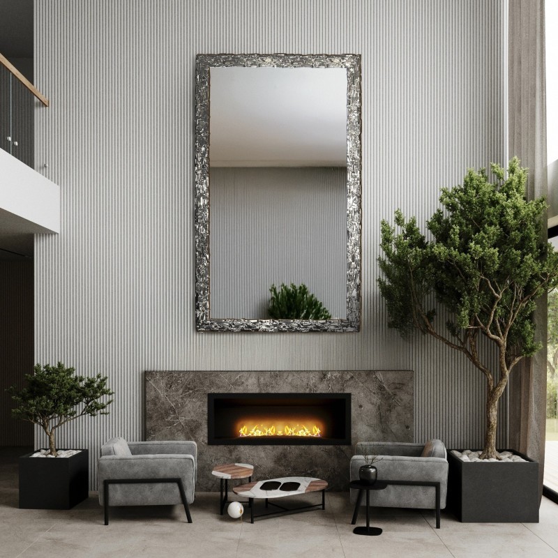 Oglindă de perete de lux cu ramă argintie bogat decorată - 9003002