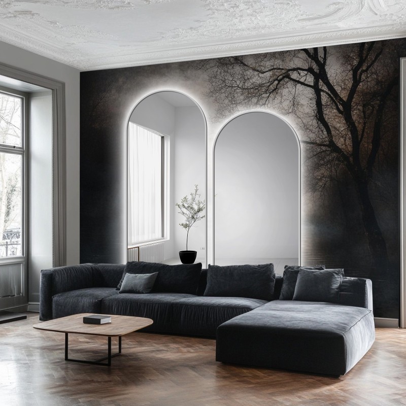 Set de două oglinzi semiovalente cu ramă neagră din MDF SLIM cu iluminare - DOMI II SET ÎN CADRU LED