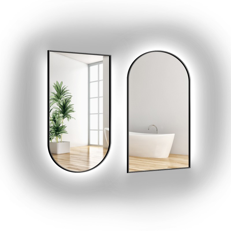 Set de două oglinzi semiovalente cu ramă neagră din MDF SLIM cu iluminare din spate - DOMI LED SET - culoarea ramei la alegere