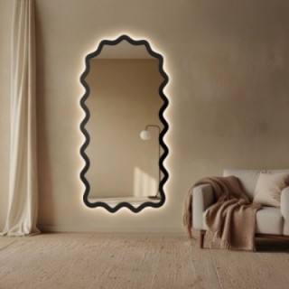 Oglindă semi-ovală cu ramă ondulată din MDF și iluminare interioară - AQUARELLE SONA LED