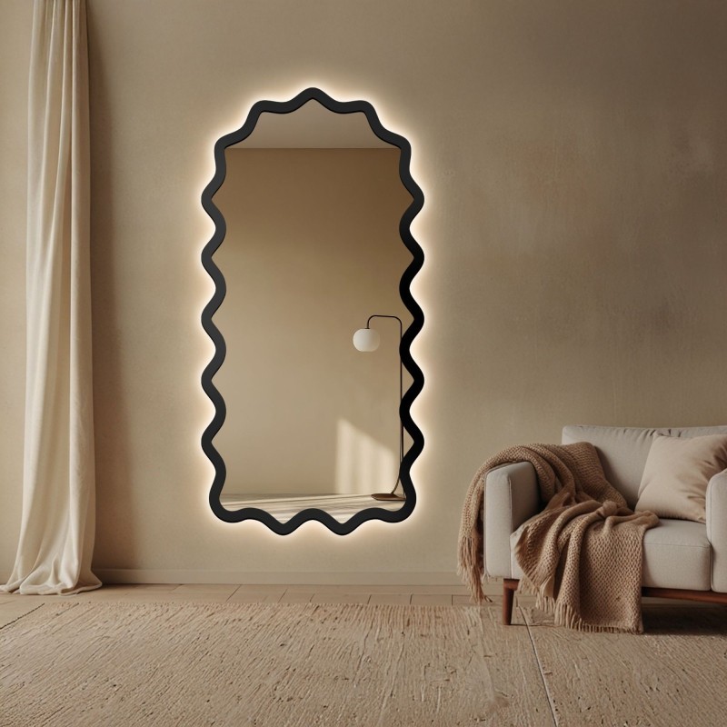 Oglindă semi-ovală cu ramă ondulată din MDF și iluminare interioară - AQUARELLE SONA LED