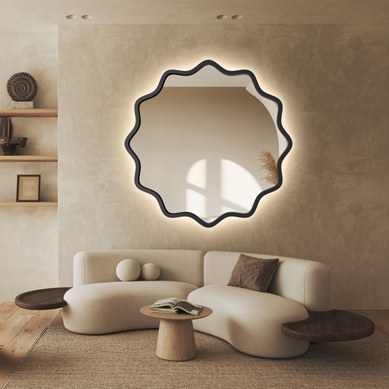 Oglindă rotundă cu ramă ondulată din MDF și iluminare interioară - AQUARELLE NAYA LED