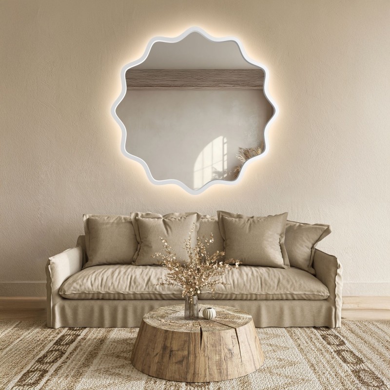 Oglindă rotundă cu ramă ondulată din MDF și iluminare interioară - AQUARELLE NAYA LED