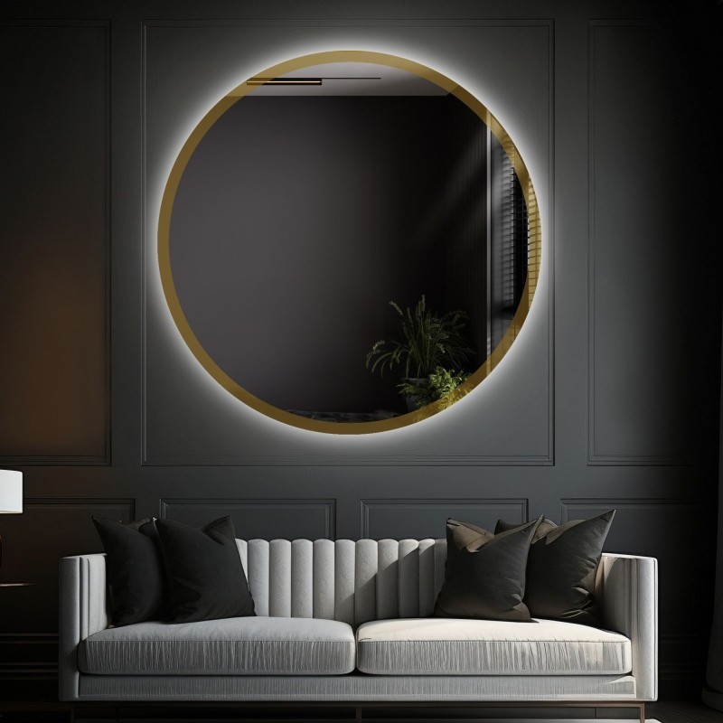 Oglindă rotundă în ramă aurie lucioasă cu iluminare - BELLA LED