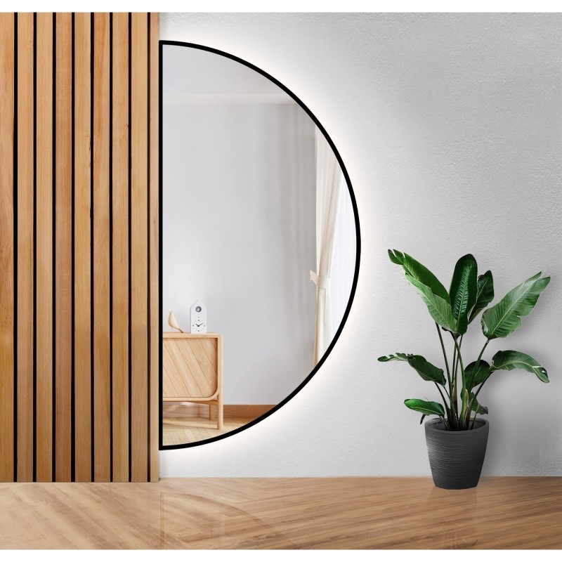 Oglindă semicirculară în ramă neagră cu MDF SLIM iluminare - HILDA LED