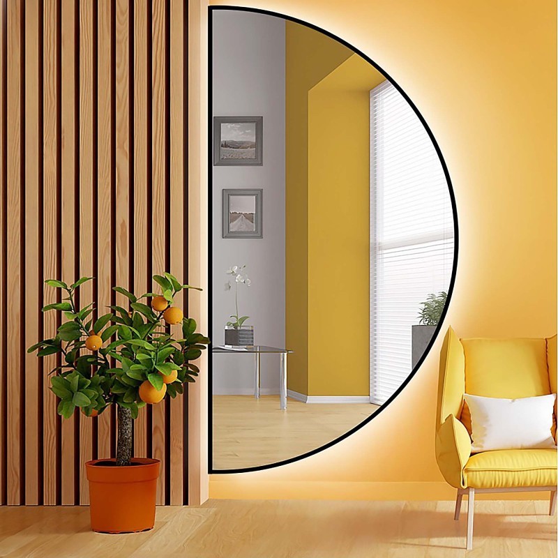 Oglindă semicirculară în ramă neagră cu MDF SLIM iluminare - HILDA LED