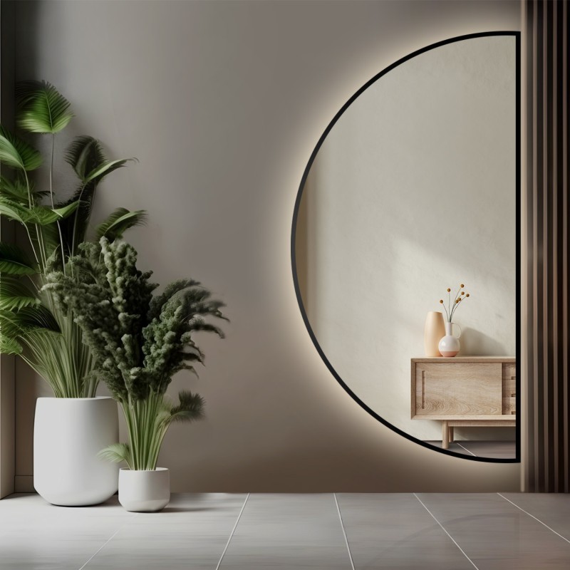 Oglindă semicirculară în ramă neagră cu MDF SLIM iluminare - HILDA LED