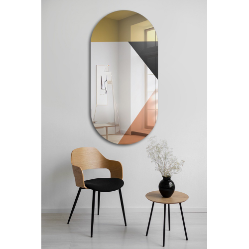 Oglindă ovală cu panou decorativ de culoare auriu-cupru și lacobel negru - RIO